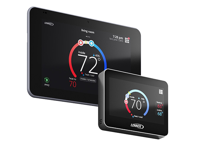 Lennox smart thermostat mounted on a wall