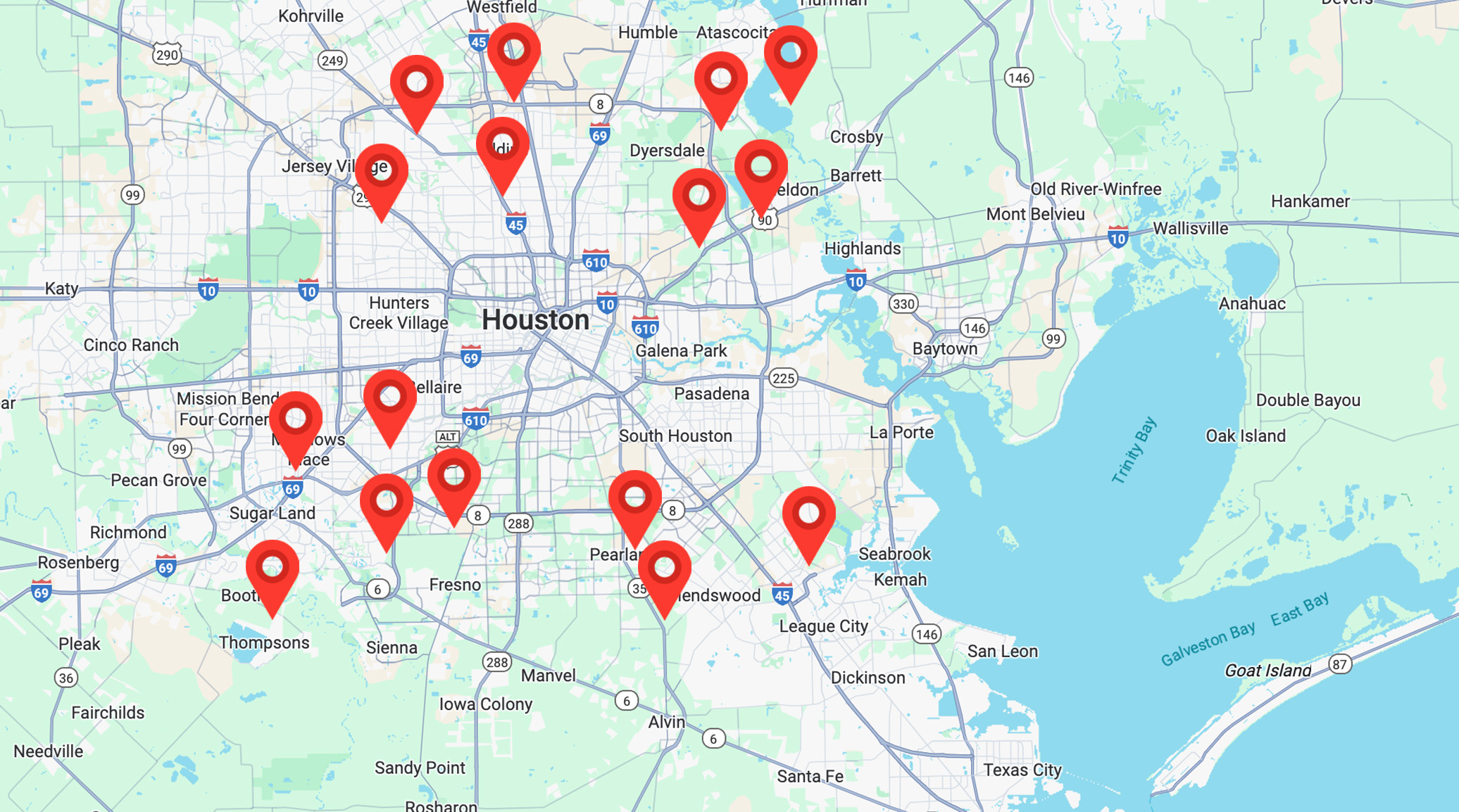Map of Bell Mechanical Services coverage across the greater Houston area