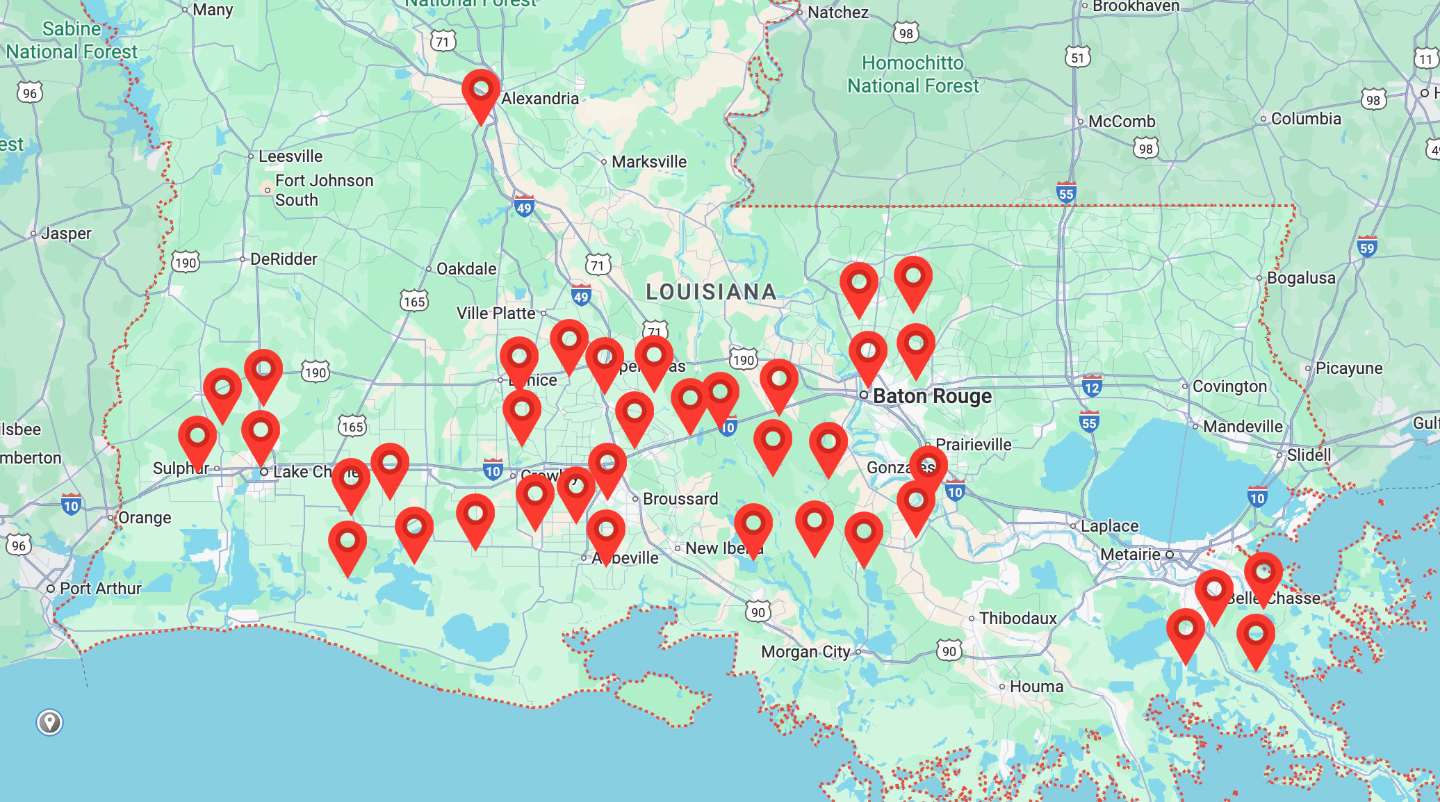Map of Bell Mechanical Services coverage across southern Louisiana