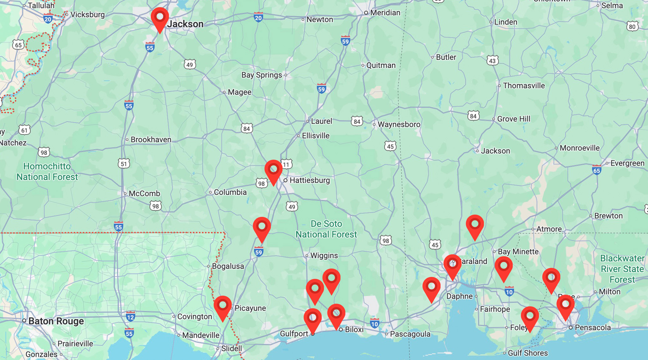 Map of Bell Mechanical Services coverage across the Alabama and Mississippi Gulf Coast